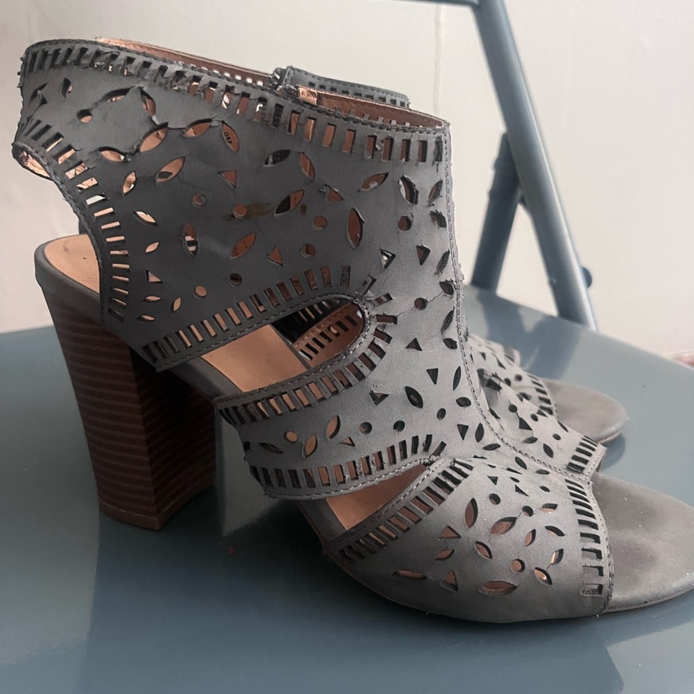 Gray Cutout Block Heel Sandals